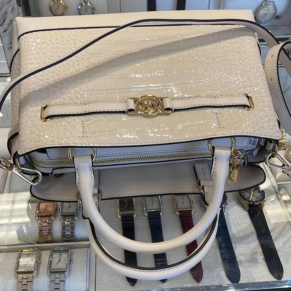 MICHAEL KORS Reed Large Leather Belted Satchel Crossbody Handbag Center Zip NWT